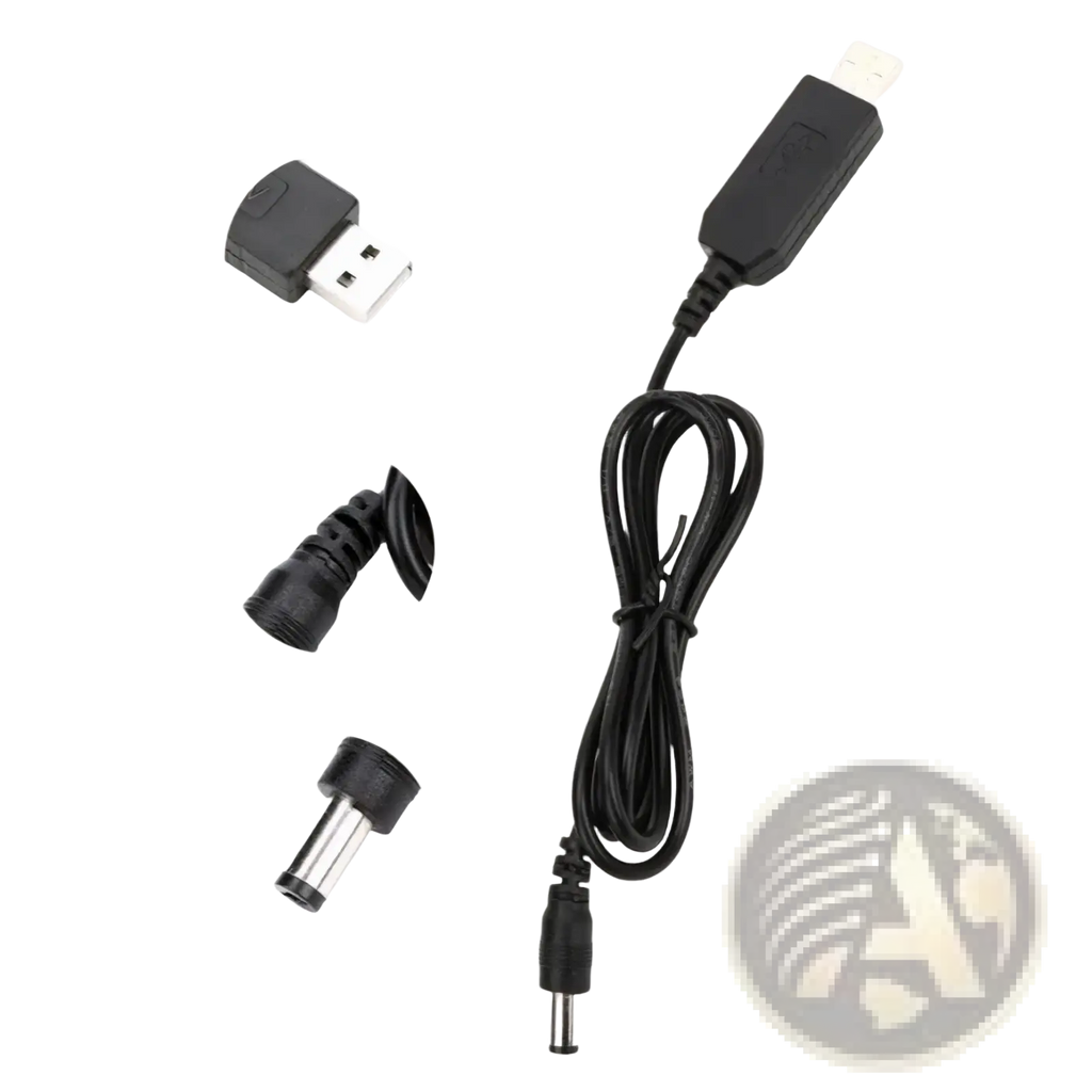Black USB boost charging cable with silver-plated connector and reinforced barrel plug for 5v to 21v power adapters