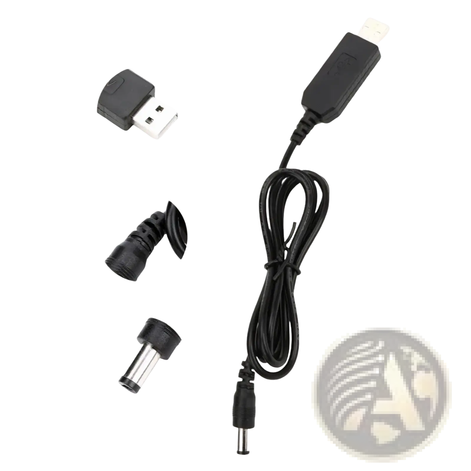 Black USB boost charging cable with silver-plated connector and reinforced barrel plug for 5v to 21v power adapters