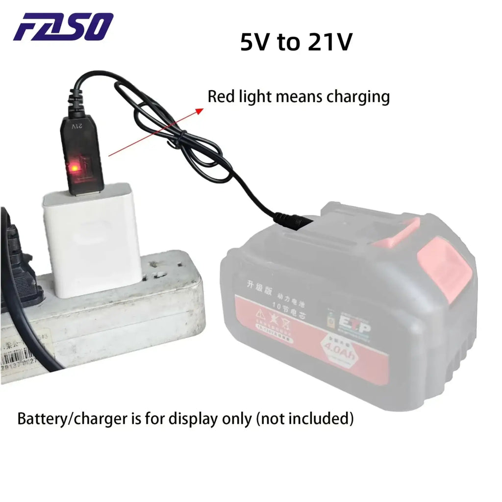 Gray and pink plastic power tool battery with 4.0ah red label compatible with 5v to 21v usb boost charging cable