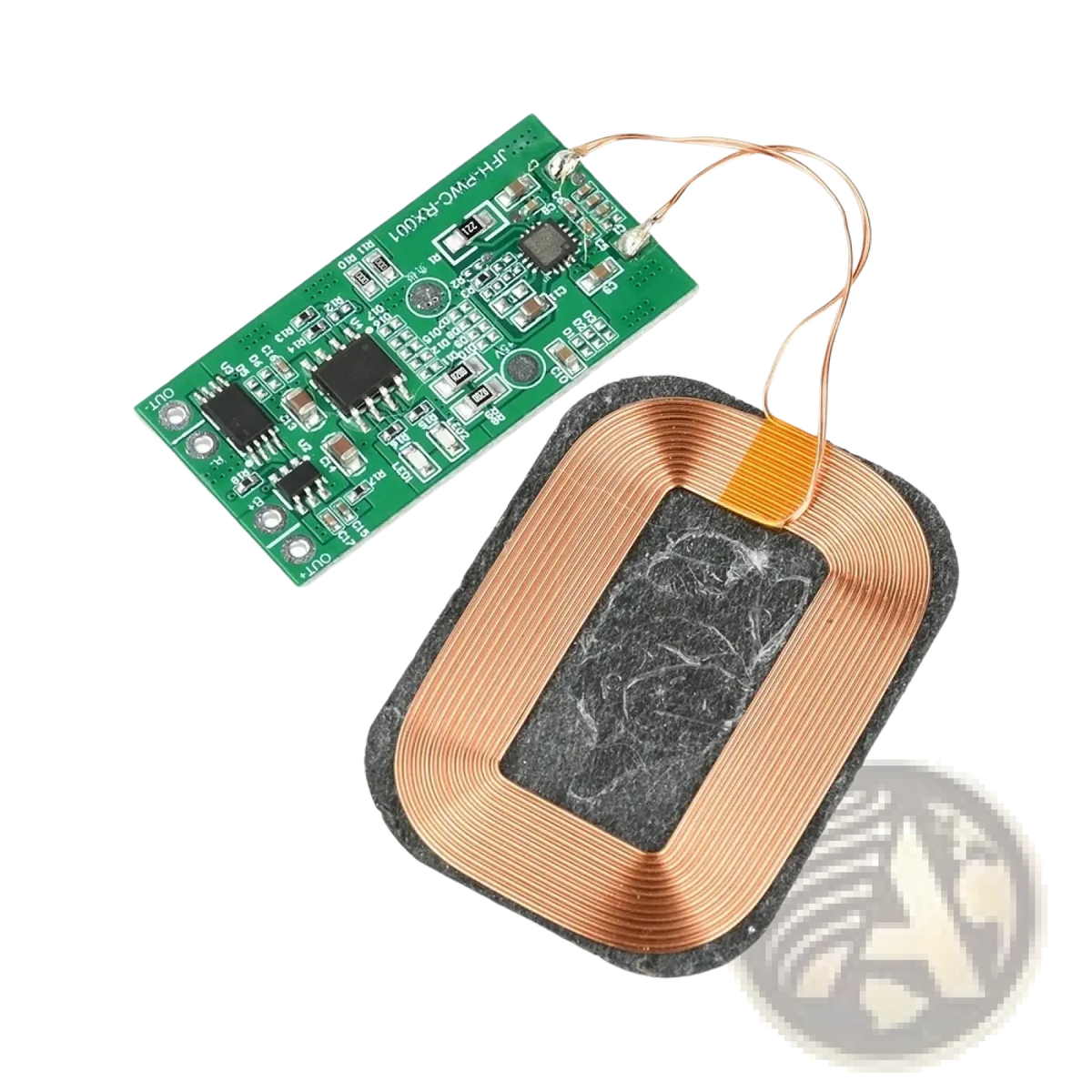 5w wireless charging receiver module featuring a green circuit board and copper coil for 3.7v battery charging