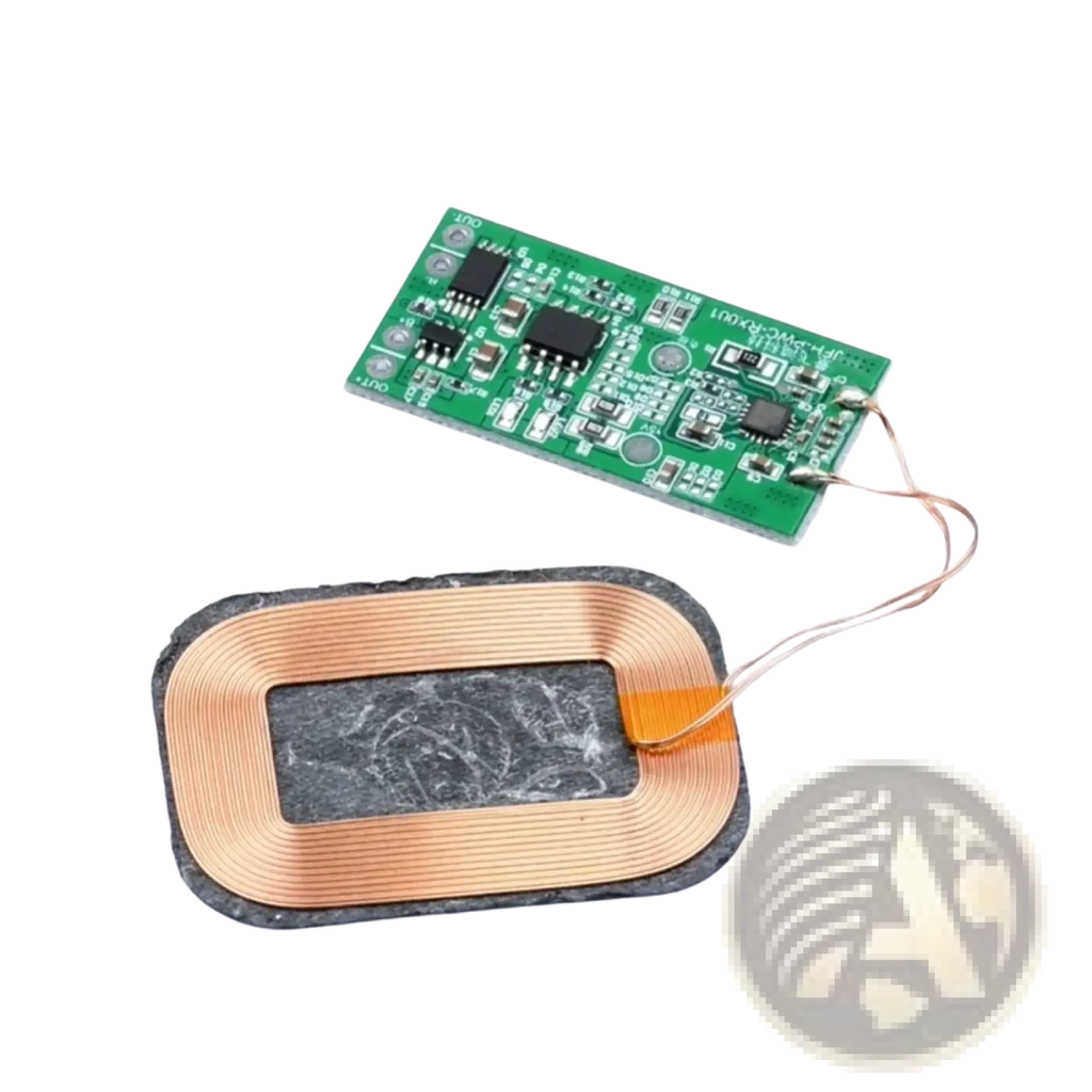 5w wireless charging receiver module showing copper coils and green circuit board for 3.7v battery charging