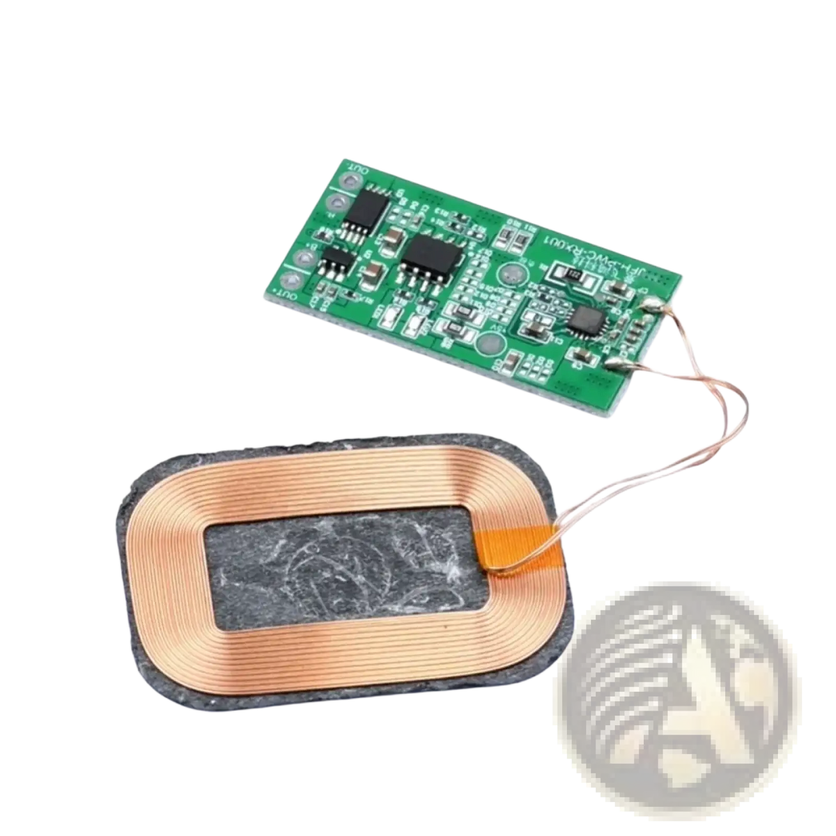 5w wireless charging receiver module showing copper coils and green circuit board for 3.7v battery charging