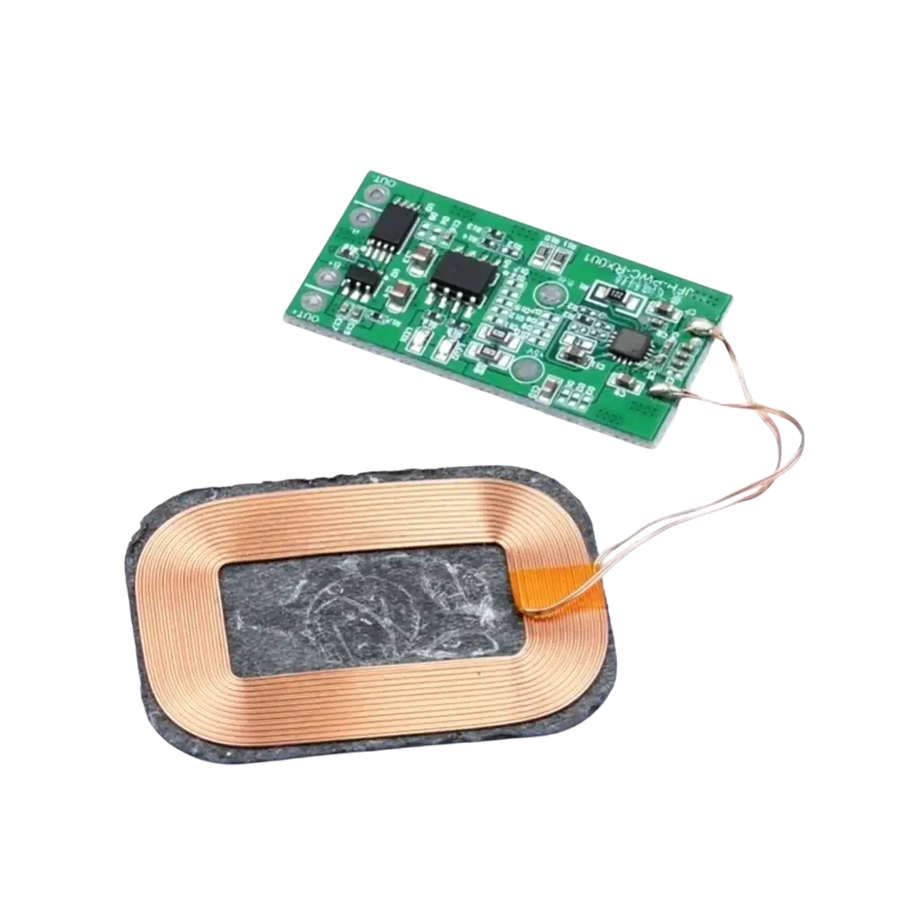 5w wireless charging receiver module showing copper coils and green circuit board for 3.7v battery charging