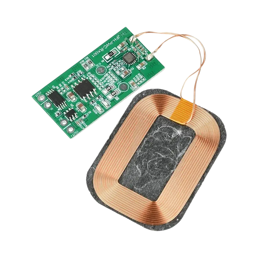 5w wireless charging receiver module featuring a green circuit board and copper coil for 3.7v battery charging