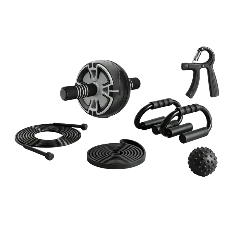 Black and gray ab roller wheel with textured grip surface from 6-in-1 wheel set with real time tracking features