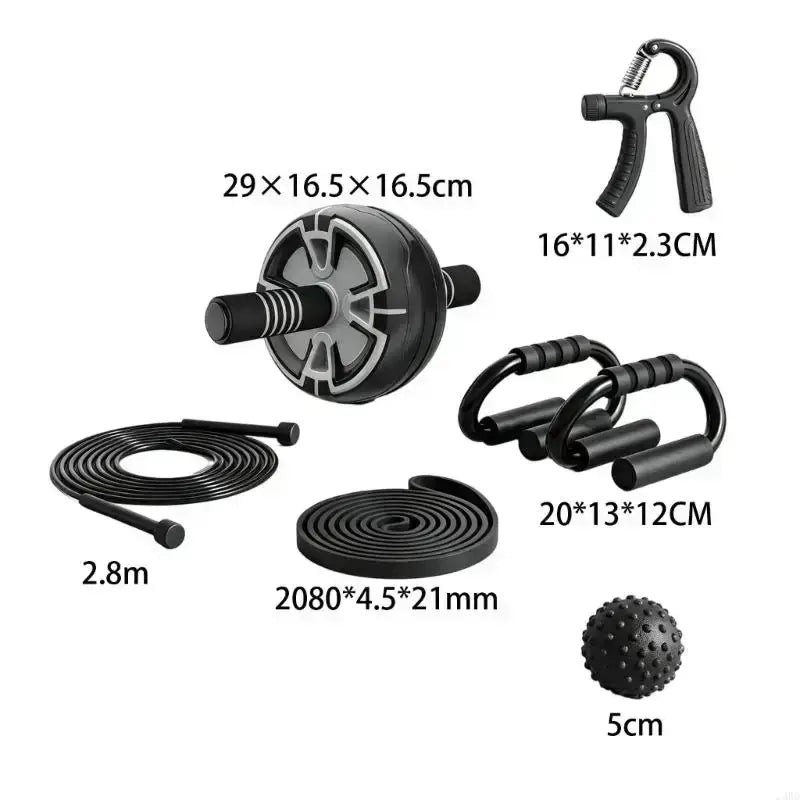 Black and silver roller wheel with textured grip surface in 6-in-1 ab roller wheel set with real time tracking