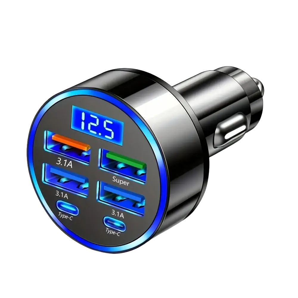 Black 6-in-1 fast charging car adapter with four USB ports including two type-C and one super port illuminated by blue LED