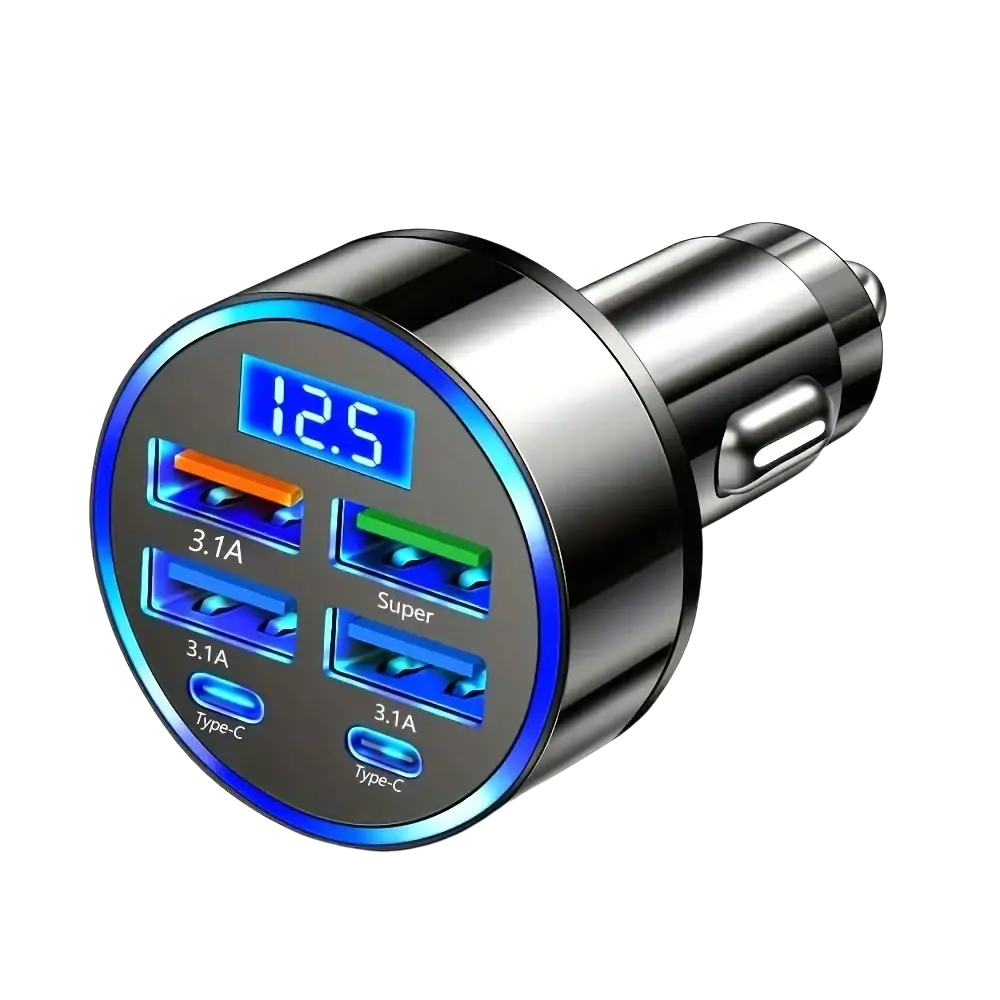 Black 6-in-1 fast charging car adapter with digital display 12.5 and four USB ports including two type-c and super port