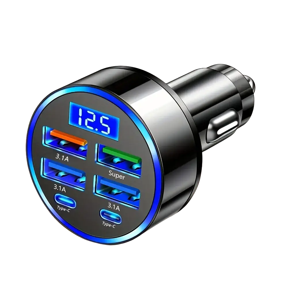 Black 6-in-1 fast charging car adapter with four usb ports and blue led display showing 12.5 voltage reading