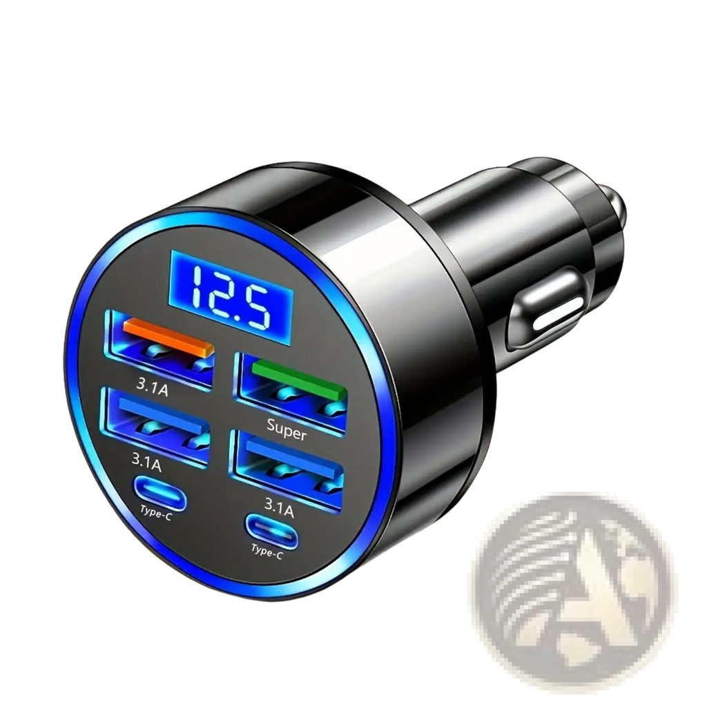 Black 6-in-1 fast charging car adapter with four usb ports and blue led display showing 12.5 voltage reading