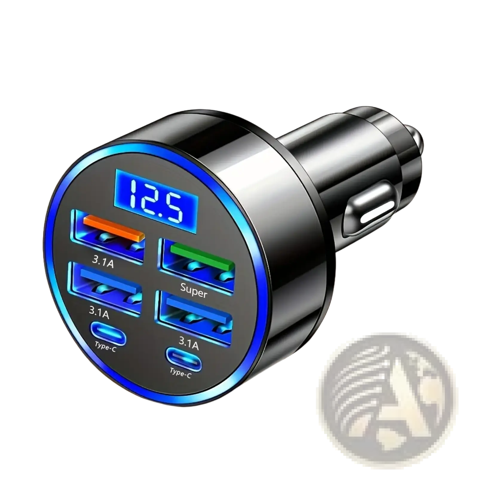 Black 6-in-1 fast charging car adapter with four usb ports and blue led display showing 12.5 voltage reading