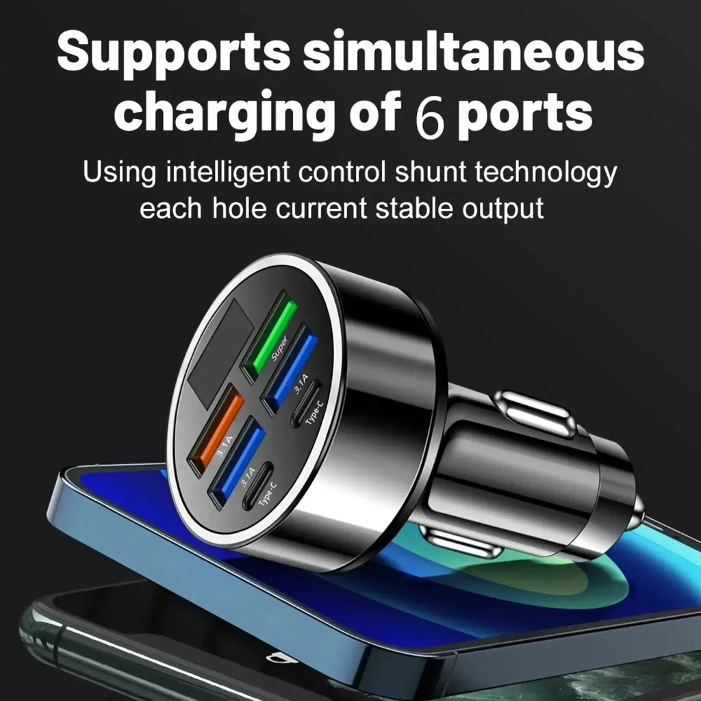 Black 6-in-1 fast charging car adapter with six ports including USB-A and Type-C connectors for vehicle use
