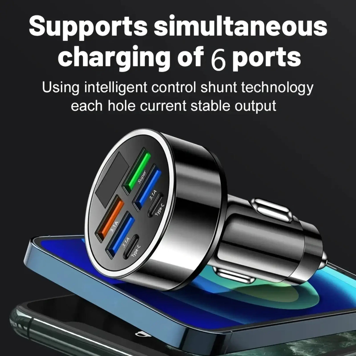 Black 6-in-1 fast charging car adapter with six ports including USB-A and Type-C connectors for vehicle use