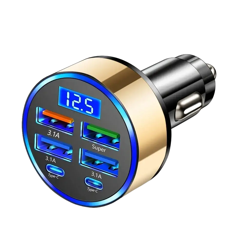 Gold and black 6-in-1 fast charging car adapter with four usb ports including two type-c and digital voltage display