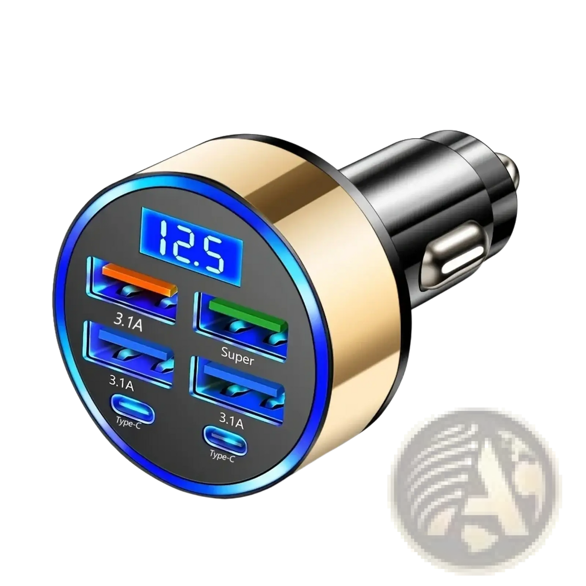 Gold and black 6-in-1 fast charging car adapter with four usb ports including two type-c and digital voltage display