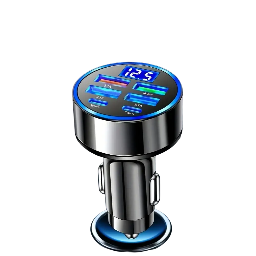 Shiny metallic black 6-in-1 fast charging car adapter with multiple USB ports and digital display for vehicle use