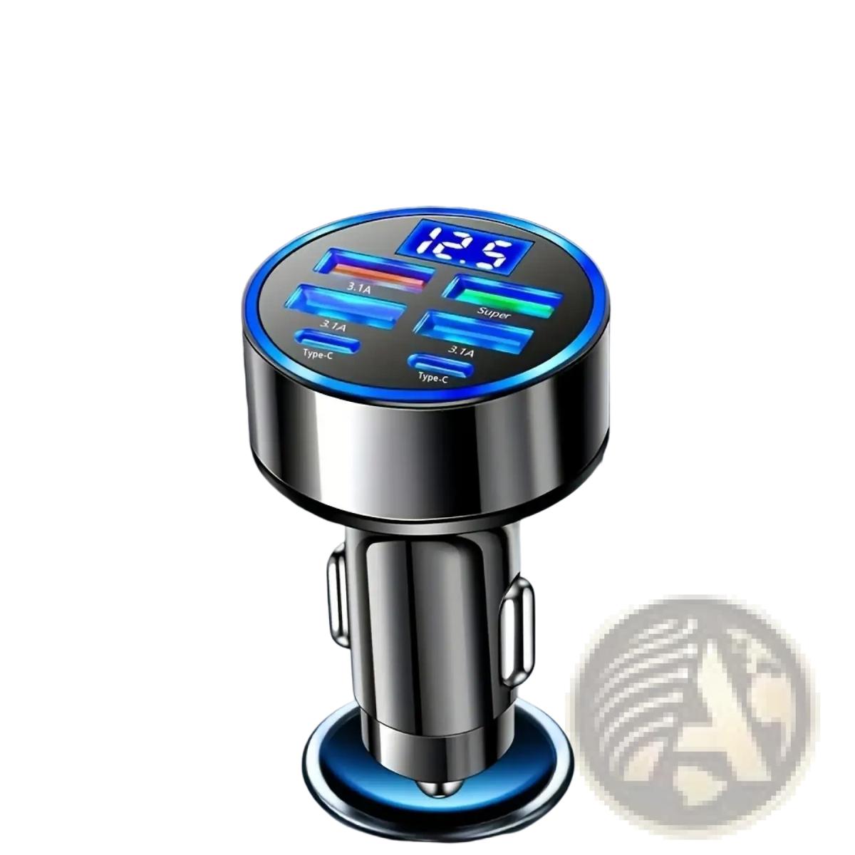 Shiny metallic black 6-in-1 fast charging car adapter with multiple USB ports and digital display for vehicle use