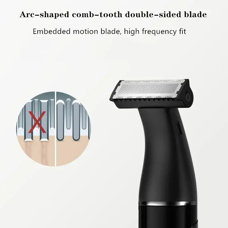 Black electric trimmer with metallic arc-shaped double-sided blade in 6 in 1 men grooming kit fast charging time