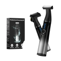 Black and silver electric 6 in 1 grooming kit with fast charging time and multiple attachments for men