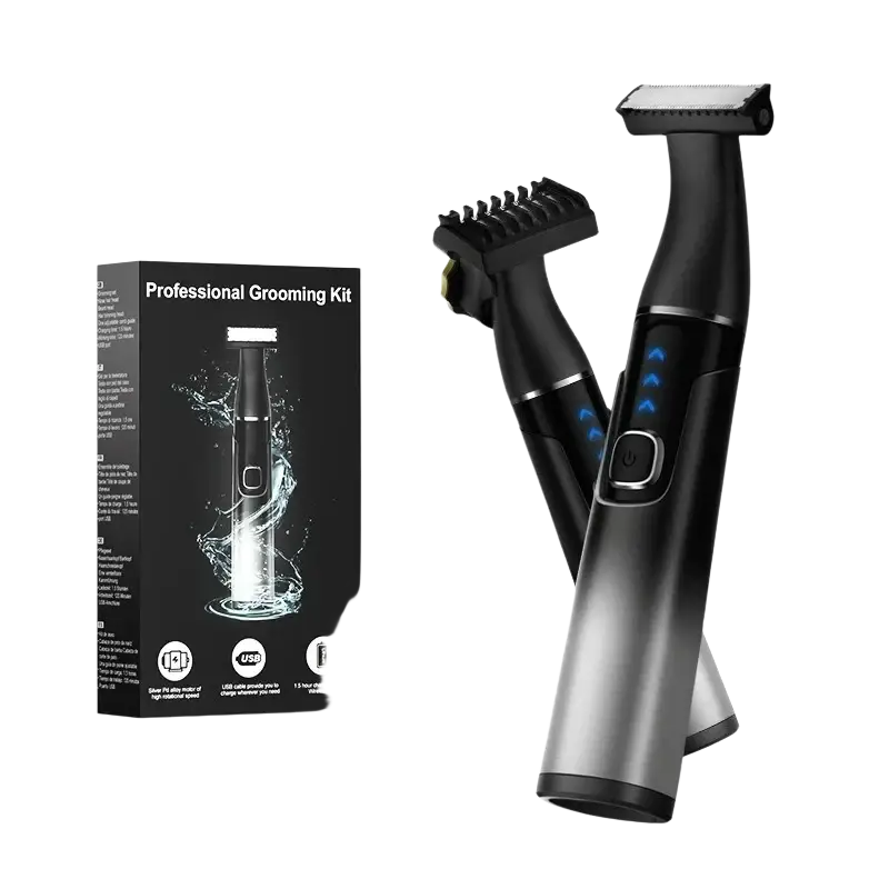 Black and silver electric 6 in 1 grooming kit with fast charging time and multiple attachments for men
