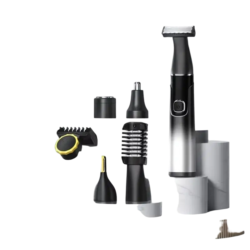 Black and silver gradient 6 in 1 men grooming kit with multiple attachments and fast charging time for versatile use
