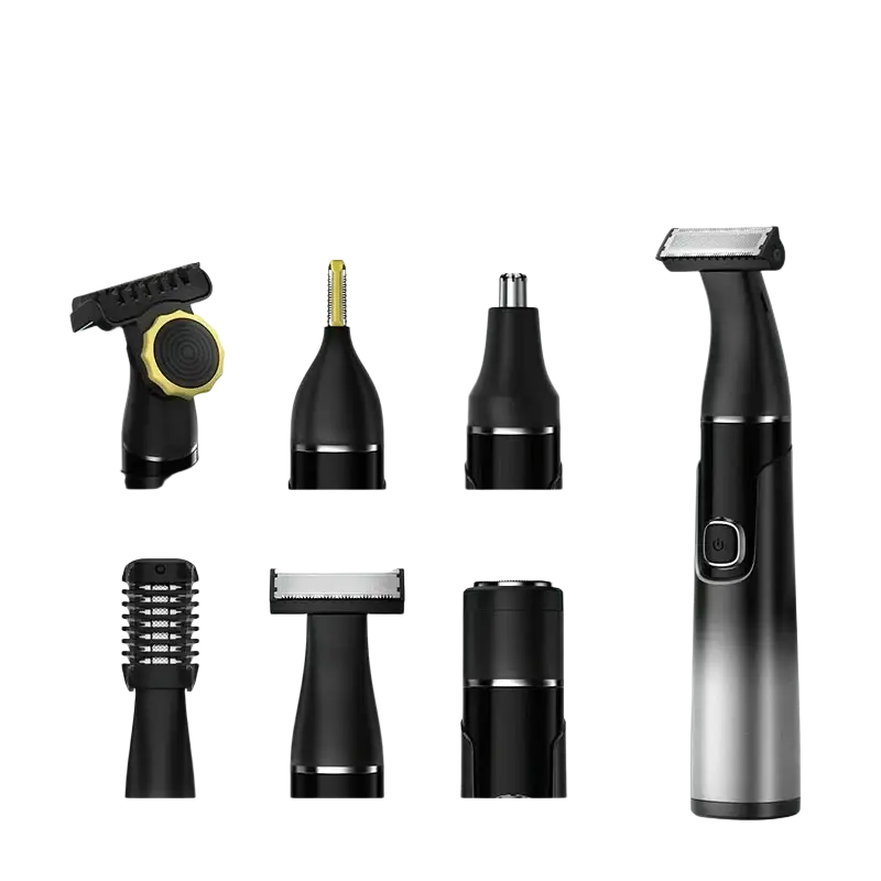 Black and silver 6 in 1 men grooming kit with multiple attachments and fast charging time for versatile use