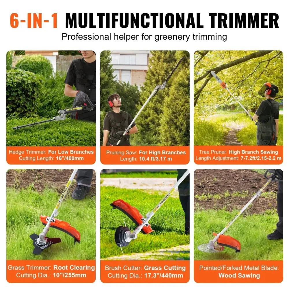 Orange and black 33cc gas 6-in-1 multifunctional garden trimmer set with interchangeable attachments for various trimming tasks