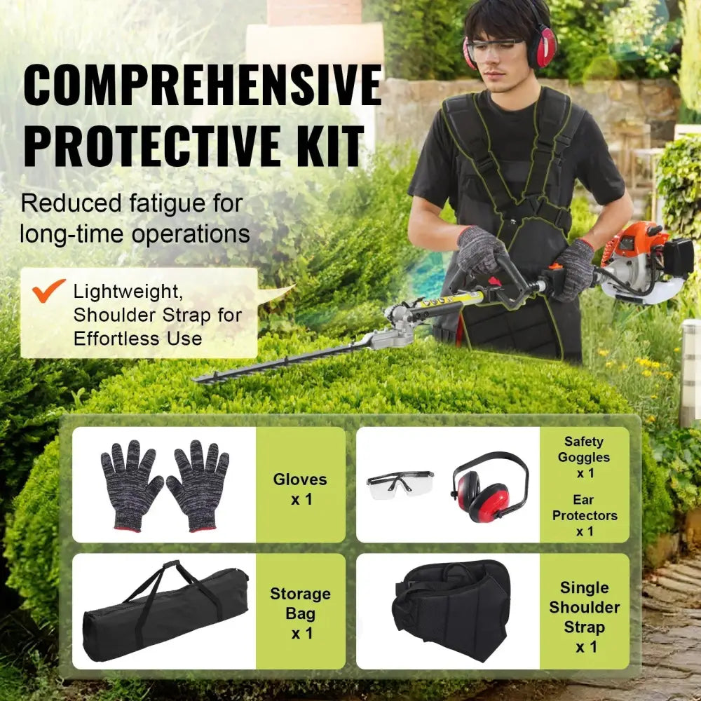 Red and black protective ear muffs with padded headband included in a 33cc gas 6-in-1 multi-functional garden trimmer set