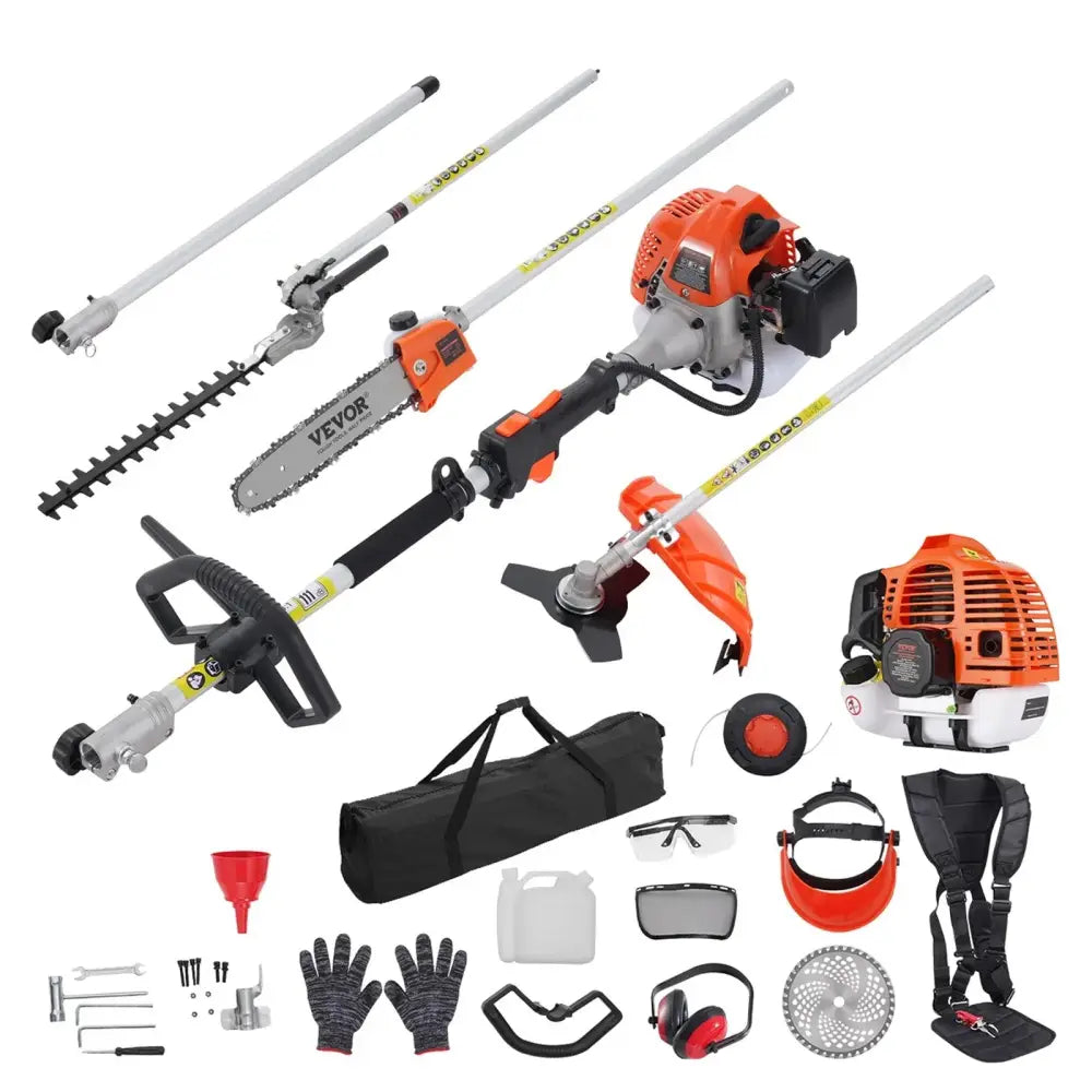 Orange and black Vevor 33cc gas 6-in-1 multi-functional garden trimmer set with various attachments for versatile trimming