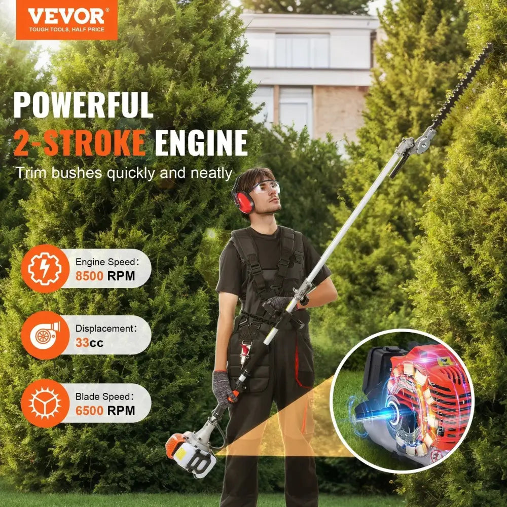 Vevor 33cc gas 2-stroke engine hedge trimmer with long shaft and extendable blade for efficient bush trimming