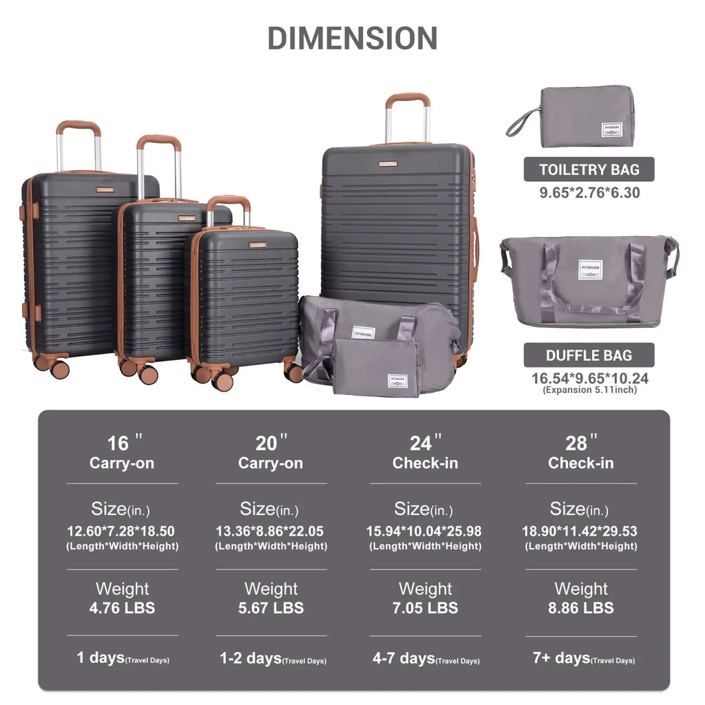 Set of four black abs hard-shell spinner suitcases with brown handles wheels gray toiletry and duffel bags tsa lock