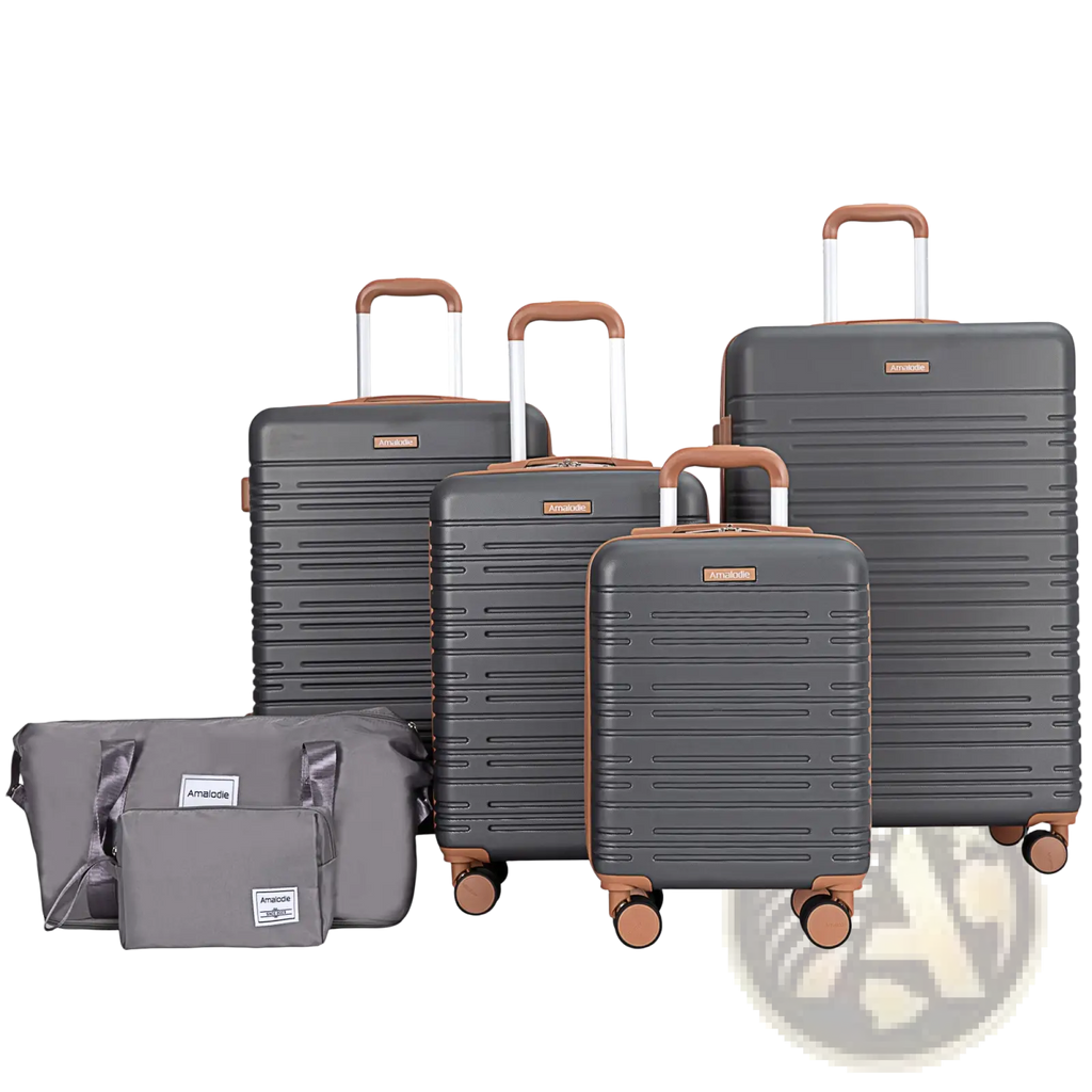 Set of six dark gray abs hard shell spinner suitcases with tan accents and tsa locks including carry-on bags