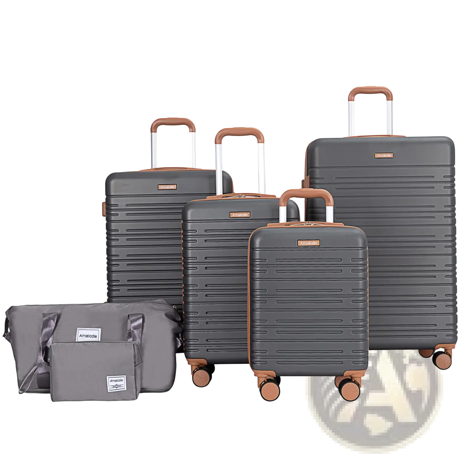 Set of six dark gray abs hard shell spinner suitcases with tan accents and tsa locks including carry-on bags