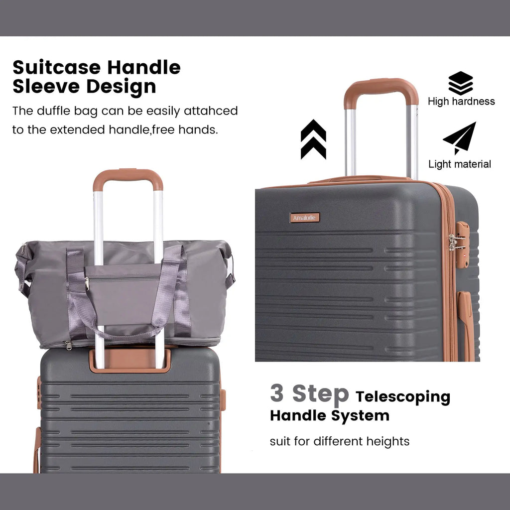 Gray duffel bag with brown leather accents and telescoping handle sleeve from 6 piece abs hard shell spinner luggage set with tsa lock