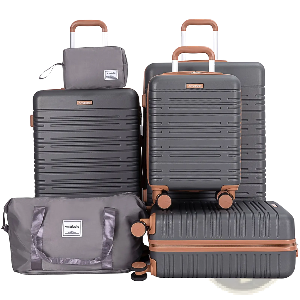 Dark gray abs hard shell spinner suitcases with rose gold accents and tsa lock retractable handles in six piece set