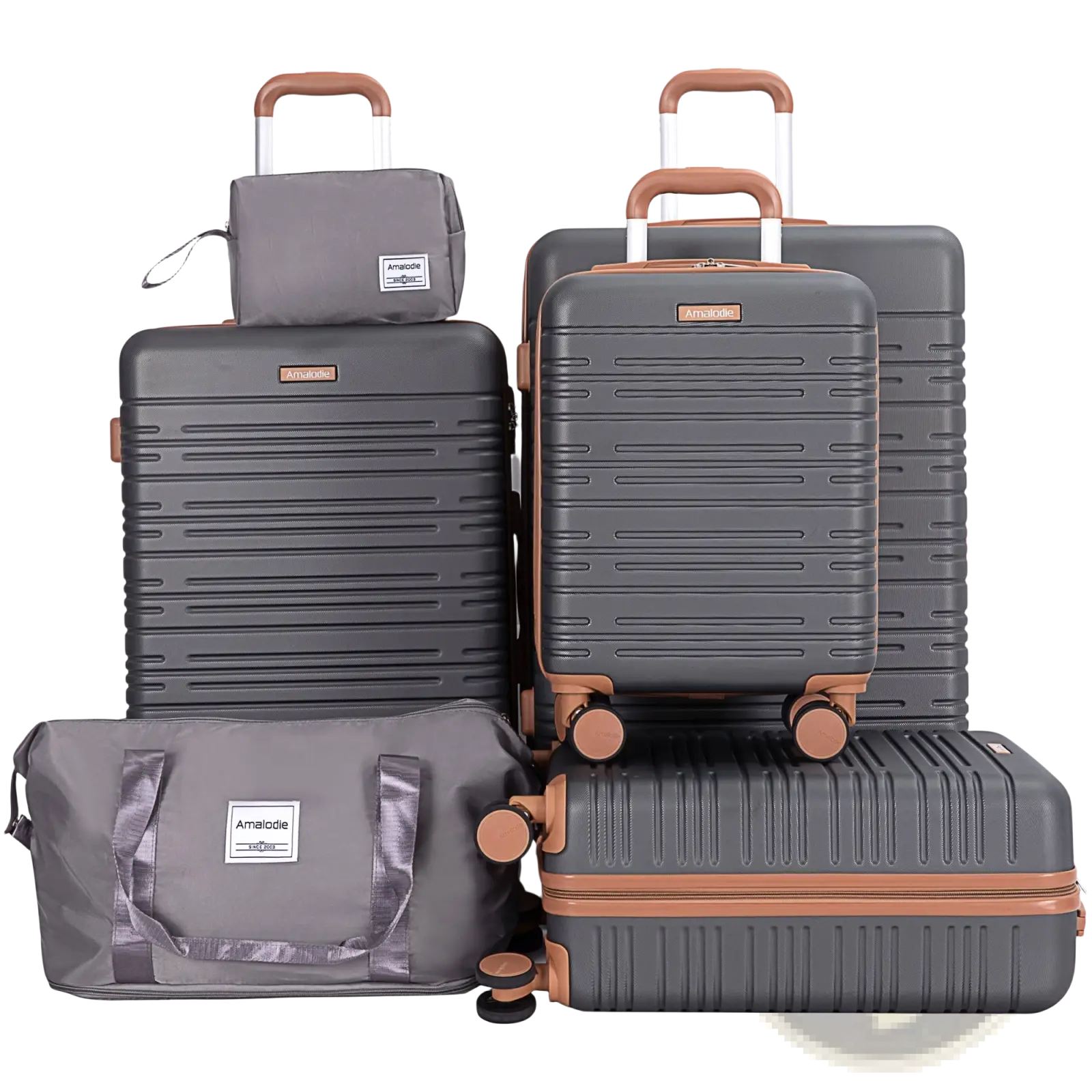 Dark gray abs hard shell spinner suitcases with rose gold accents and tsa lock retractable handles in six piece set