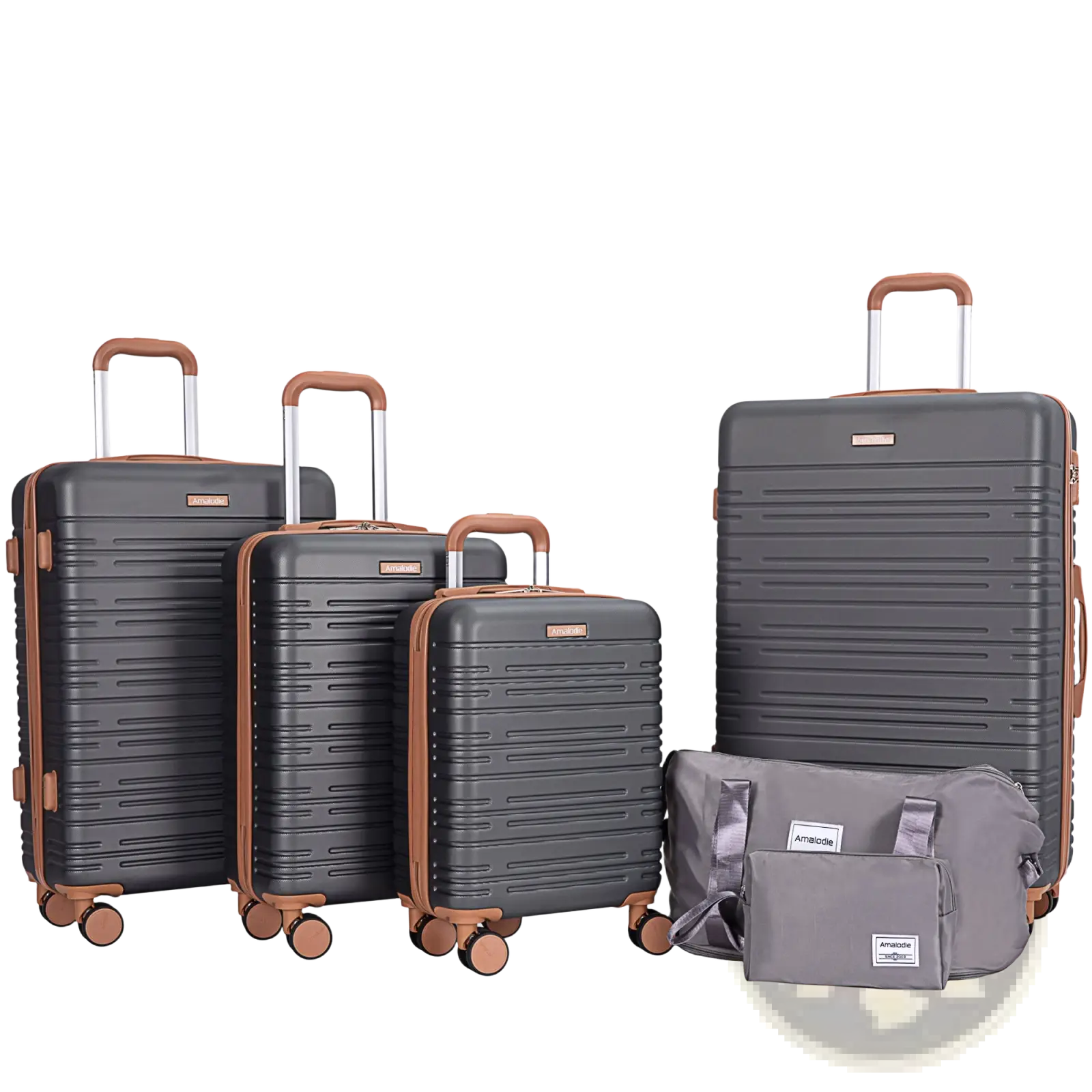 Set of four dark gray abs hard shell spinner suitcases with tan accents and a matching duffel bag with tsa lock