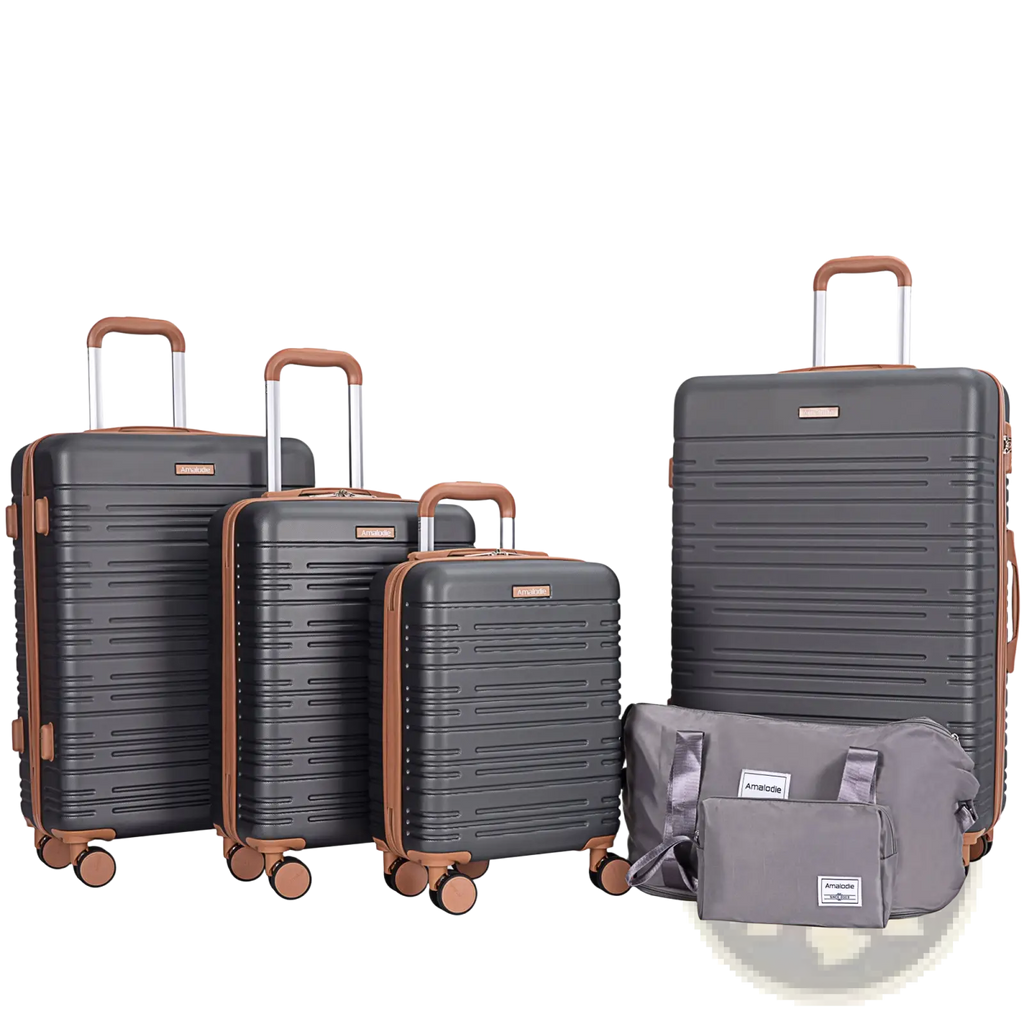 Set of four dark gray abs hard shell spinner suitcases with tan accents and a matching duffel bag with tsa lock