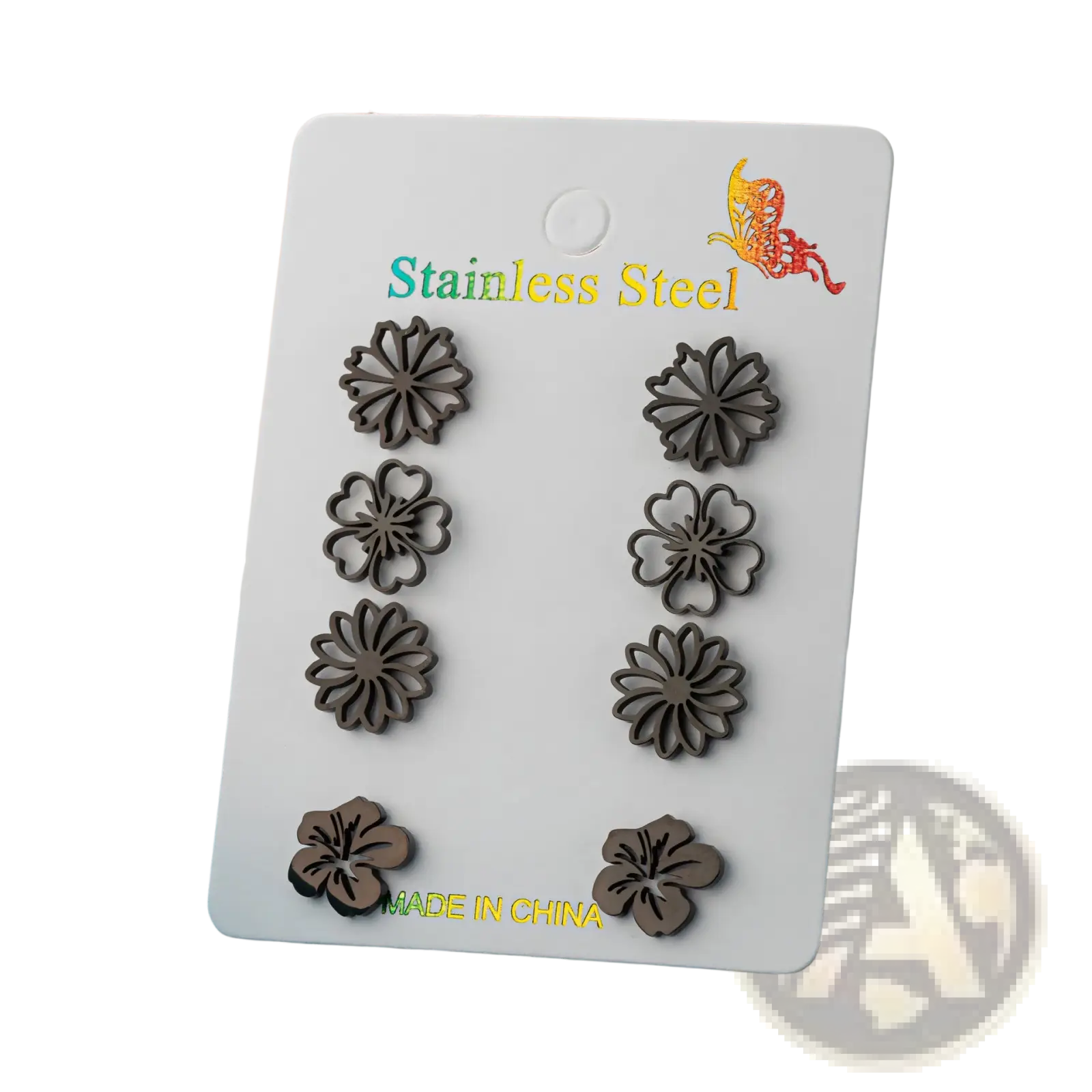 Set of six dark gray floral stainless steel stud earrings displayed on a white card in a 6-piece set
