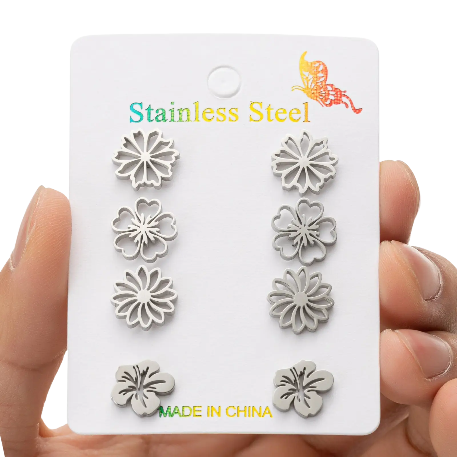 Set of six silver floral stainless steel stud earrings featuring various petal designs for versatile wear