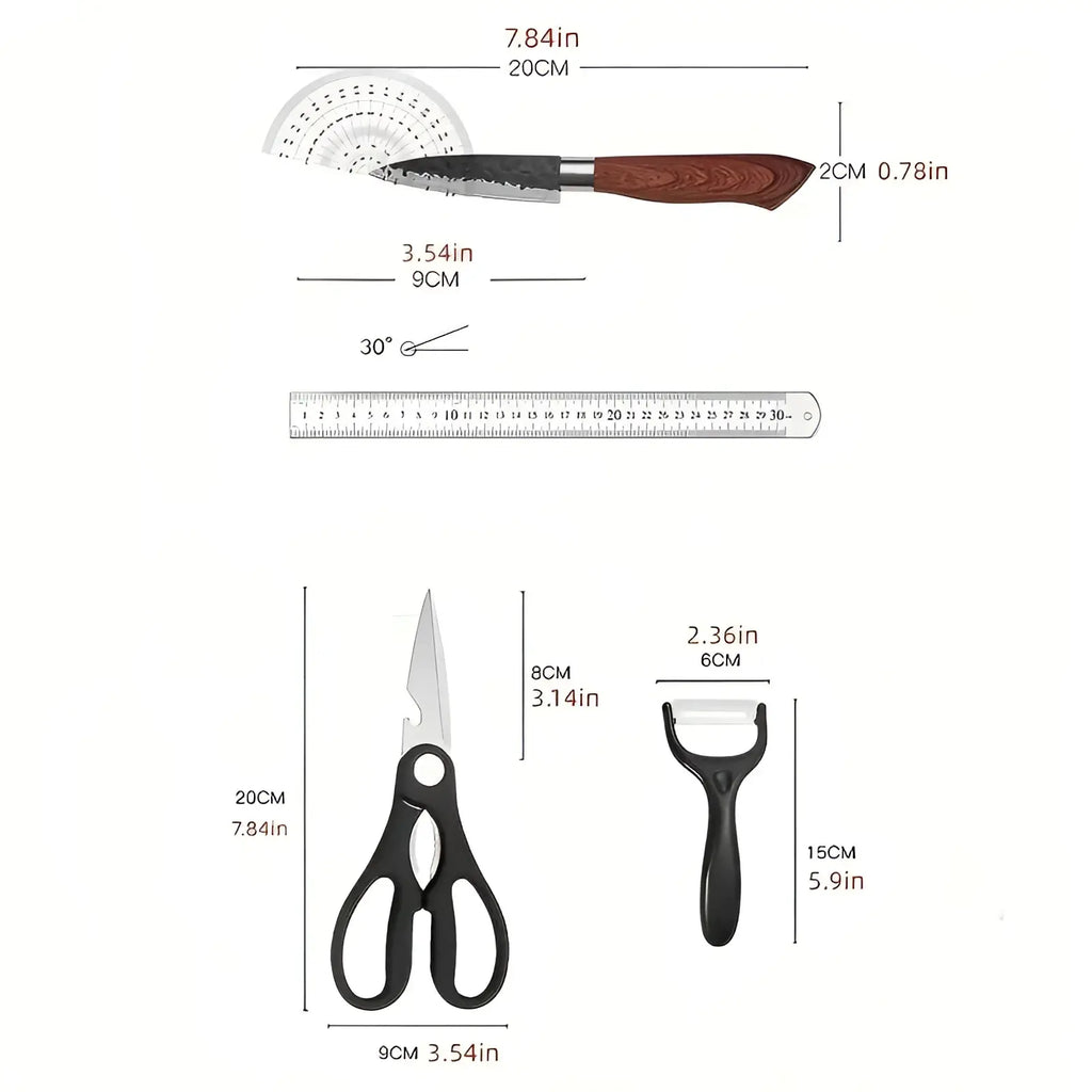 Black-handled kitchen shears with stainless steel blade and integrated bottle opener from 6 piece hammered steel knife set