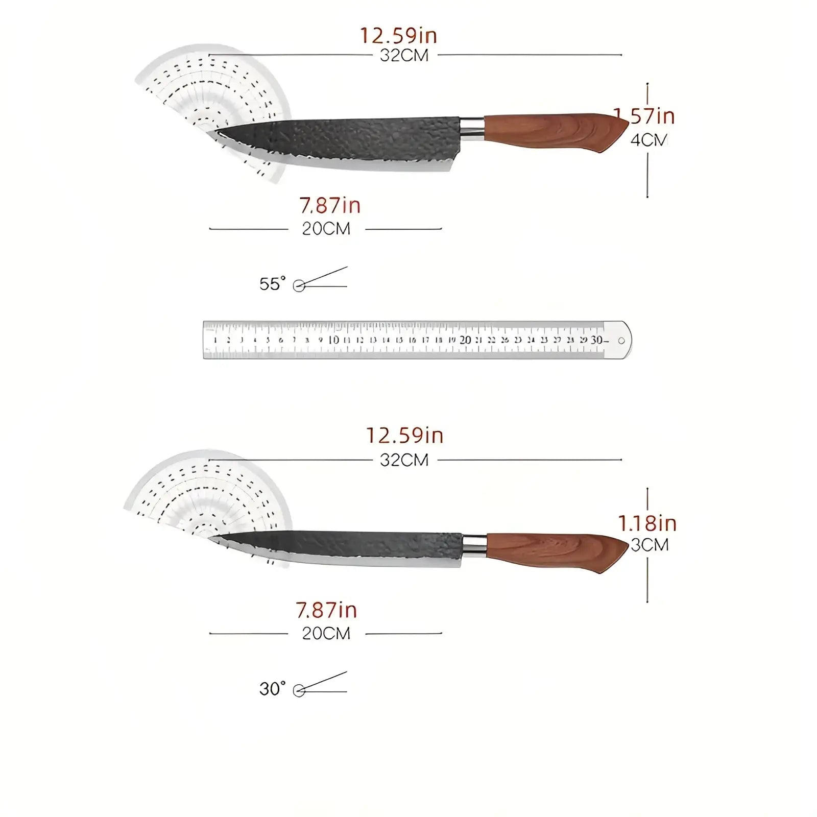 Chef’s knife from a 6 piece hammered steel kitchen knife set with a dark hammered steel blade and brown wooden handle