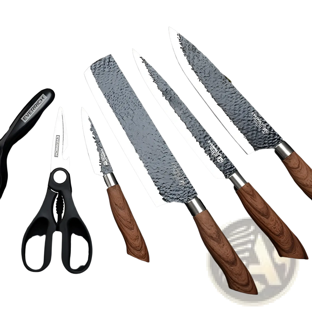 Set of four hammered steel kitchen knives with wooden handles and black plastic kitchen shears in a six piece set