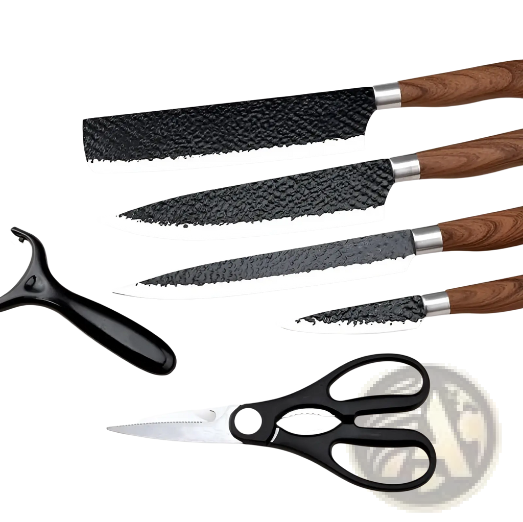 Set of four hammered steel kitchen knives with textured black blades wooden handles black peeler and shears