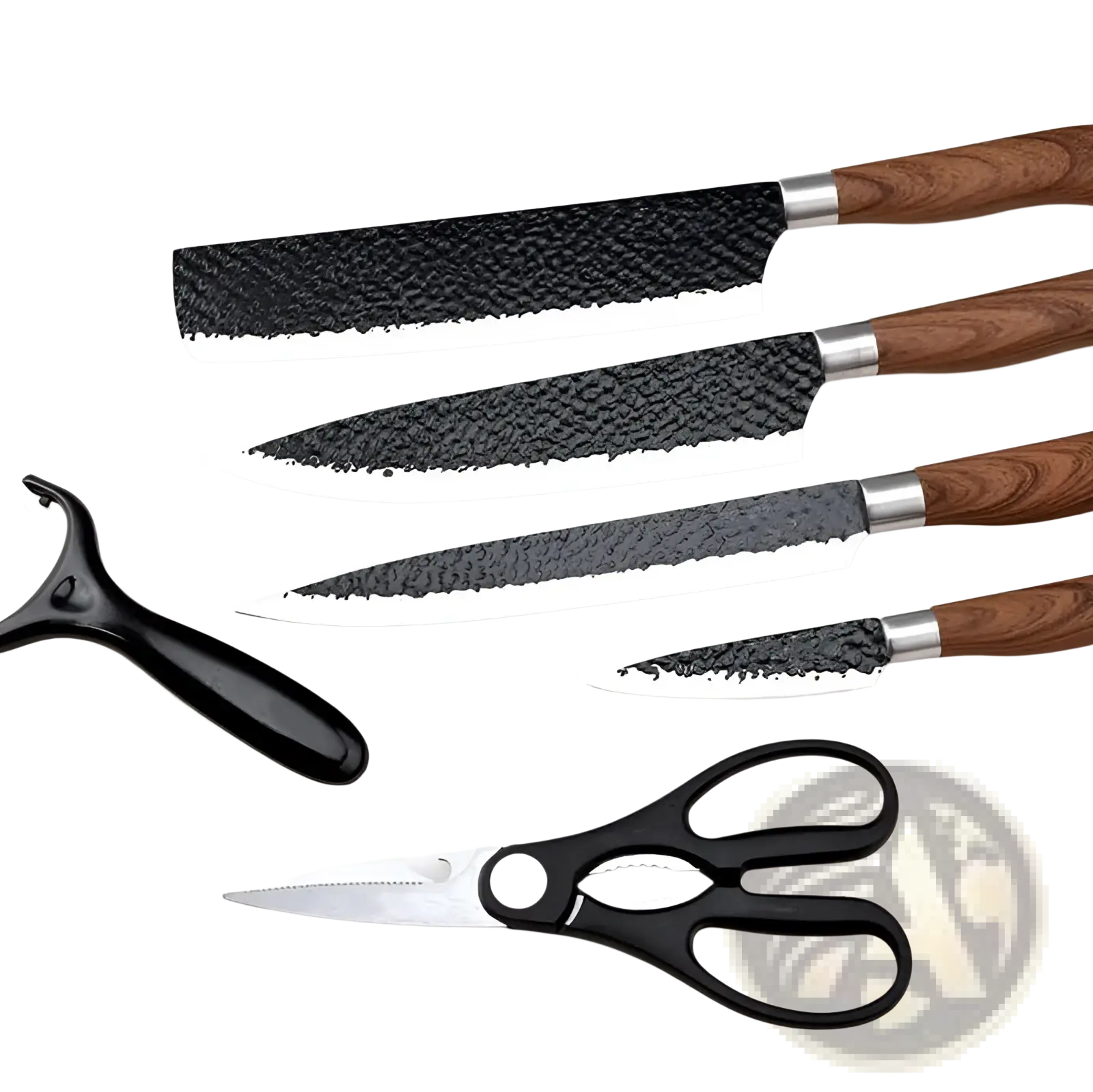 Set of four hammered steel kitchen knives with textured black blades wooden handles black peeler and shears