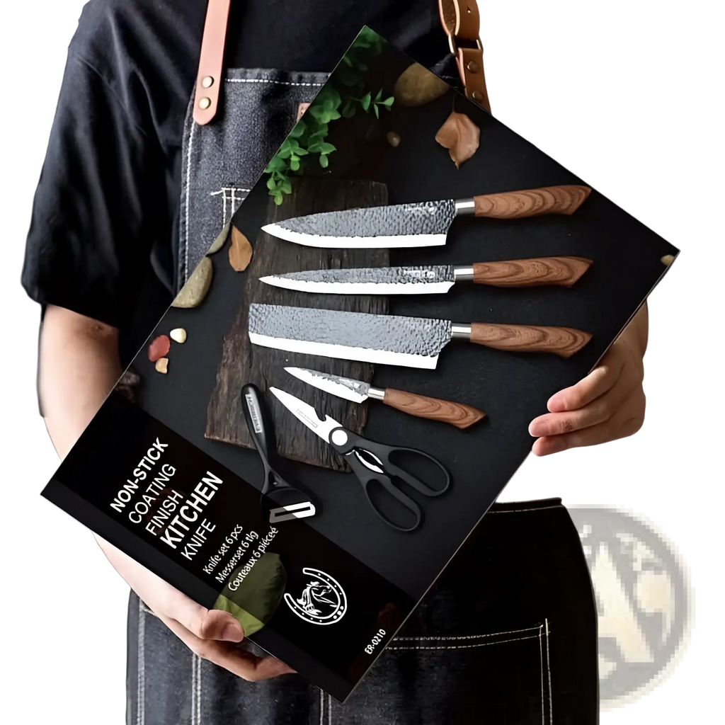 A sleek black box displaying a six piece hammered steel kitchen knife set with wooden handles and black scissors