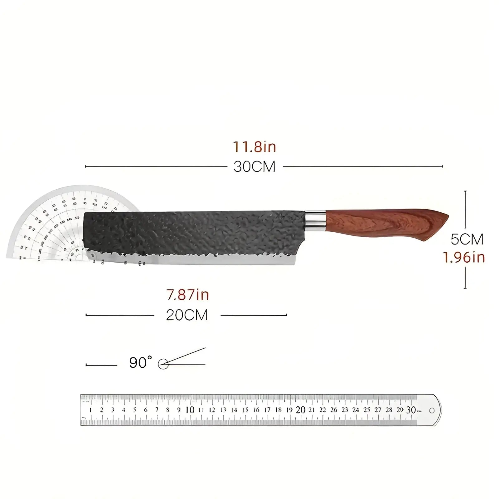 A sleek chef’s knife from a 6 piece hammered steel kitchen knife set with a black stainless steel blade and wooden handle