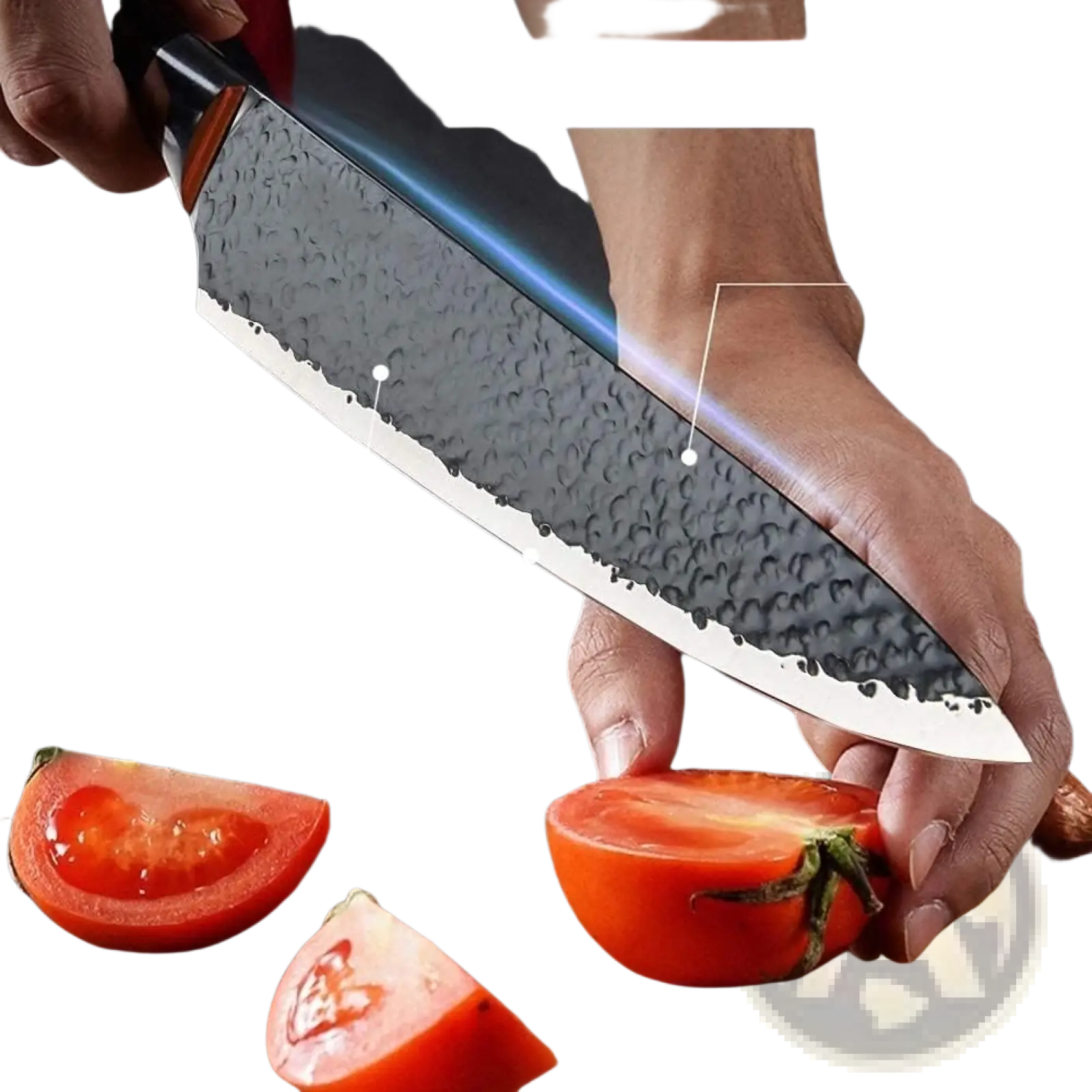 A sleek hammered high carbon stainless steel chef’s knife with black handle and silver blade from a 6 piece kitchen set