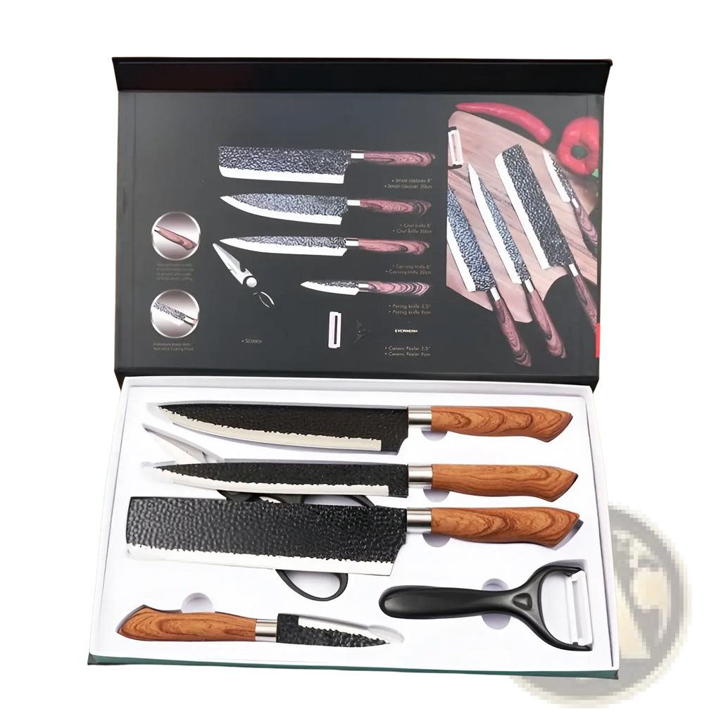 Wooden-handled 6 piece hammered steel kitchen knife set with black textured blades and stainless steel bolster
