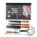 Wooden-handled 6 piece hammered steel kitchen knife set with black textured blades and stainless steel bolster